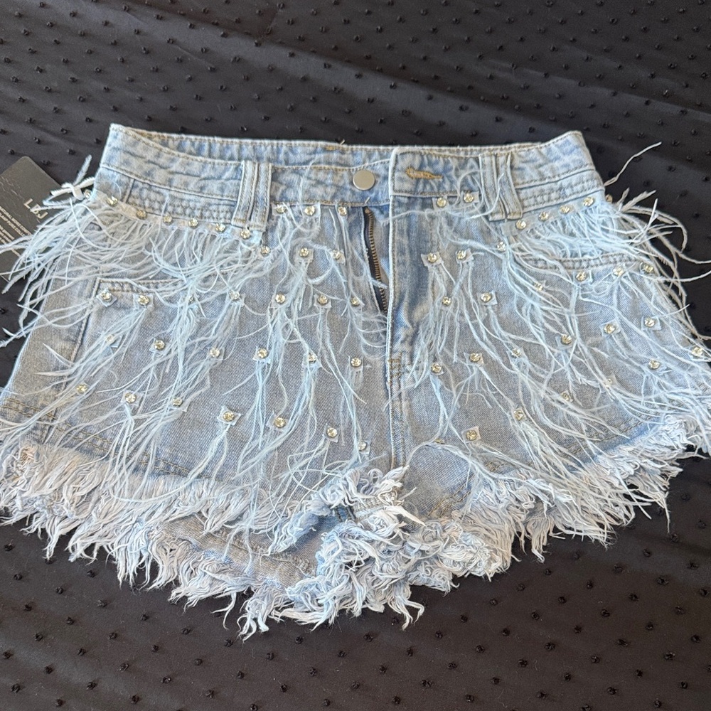 Embellished Light Blue Denim Shorts